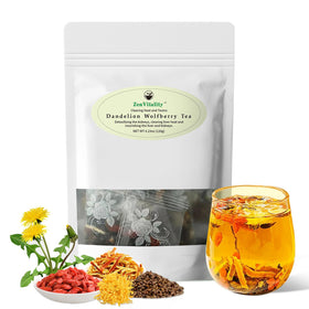 ZenVitality Dandelion Wolfberry Tea pack shows natural herbal blend for daily wellness.