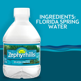 Zephyrhills minis 8 oz bottle beside a beach tote for travel.