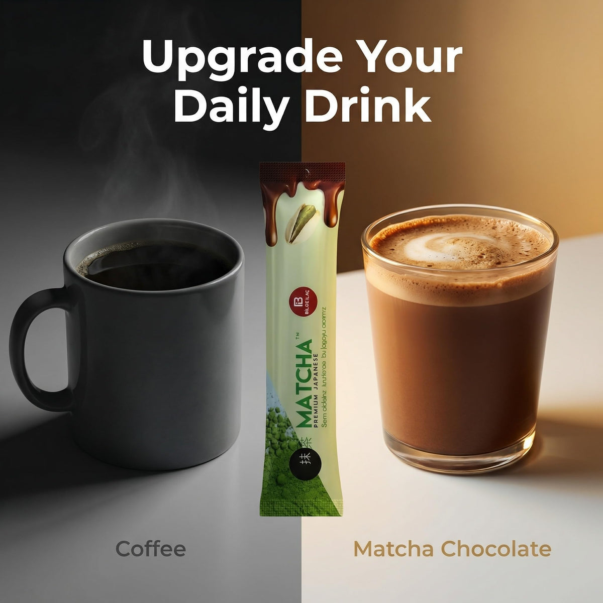 Hot latte prepared with Zero Up matcha Dubai chocolate powder