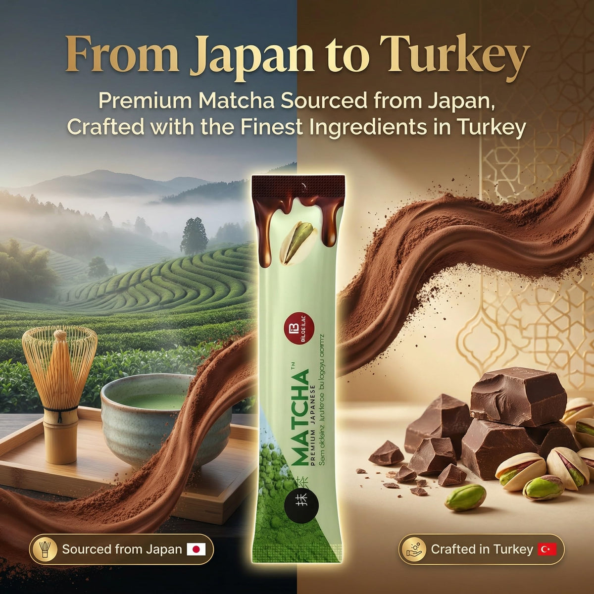 Iced chocolate matcha drink in glass with refreshing finish