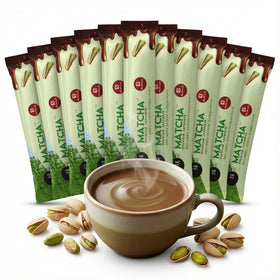 Zero Up premium matcha Dubai chocolate powder sachet closeup for a smooth latte
