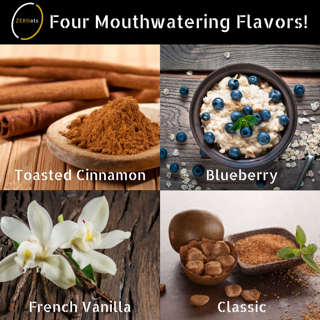 Zeroats flavored oatmeal visuals showcase cinnamon, vanilla, and blueberry flavors