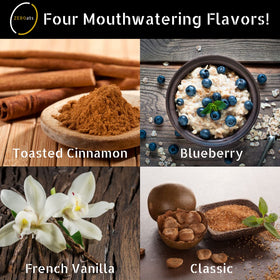 Zeroats flavored oatmeal visuals showcase cinnamon, vanilla, and blueberry flavors