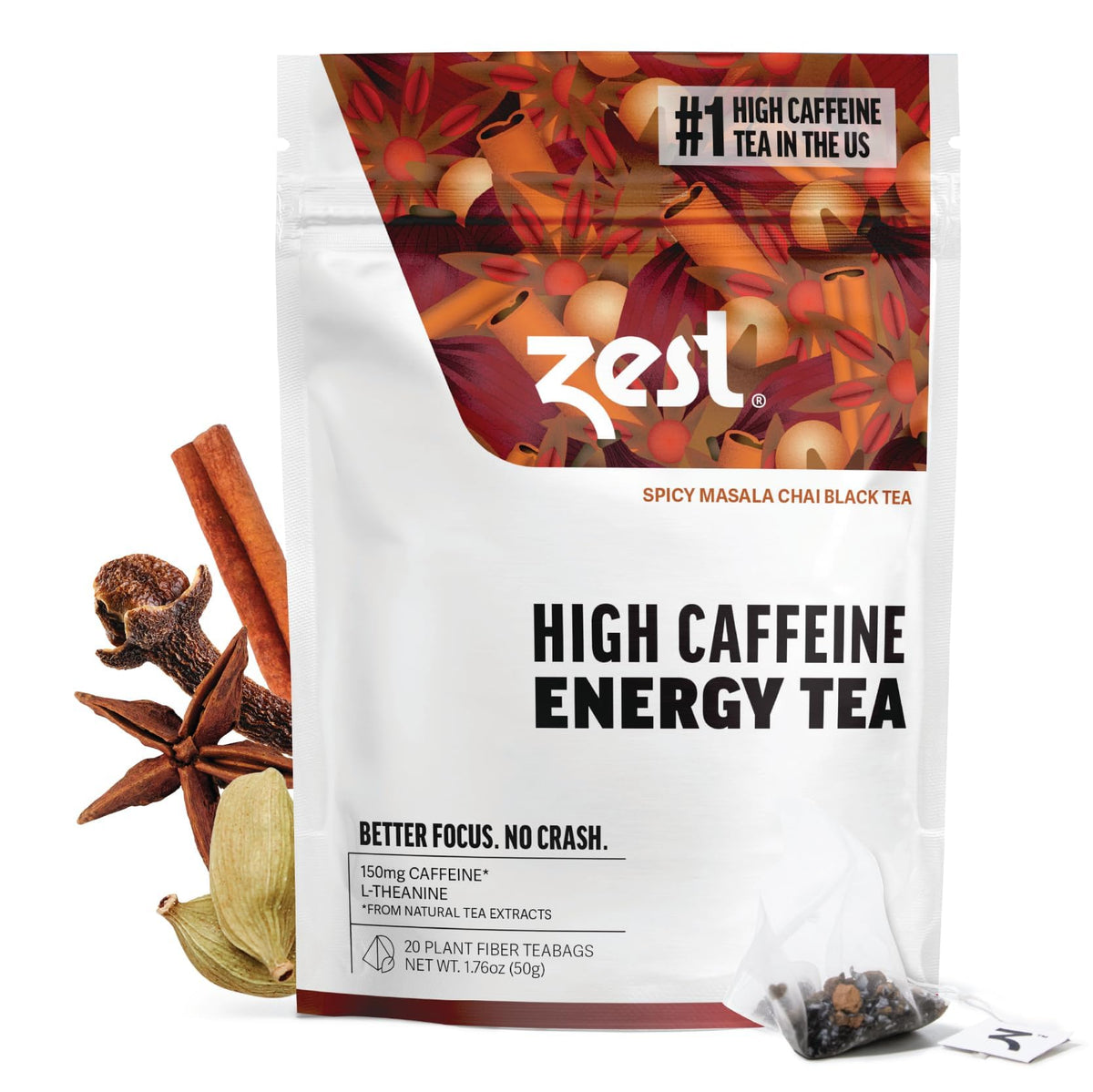 ZEST 150mg Energy Leaf Blend bottle shows a bold caffeine boost for busy mornings.