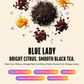 Zest Blue Lady packaging highlights non-GMO ingredients and keto-friendly tea.