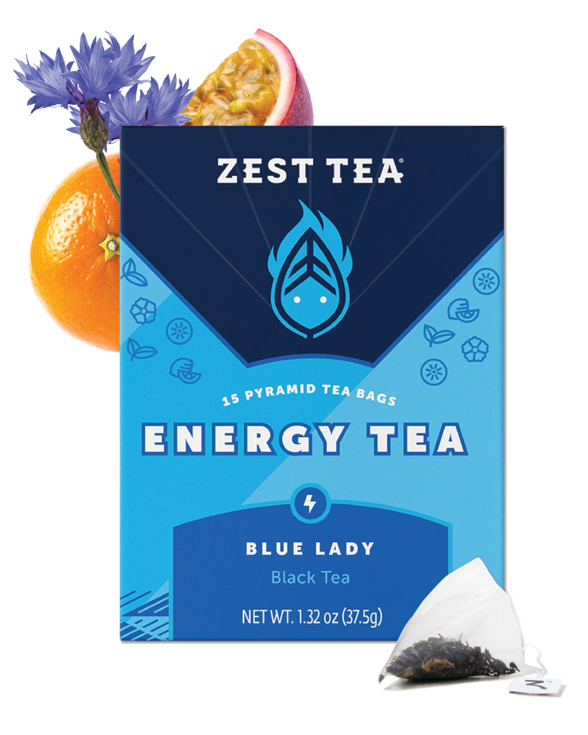 ZEST Blue Lady Passion Fruit tea bag for morning energy.