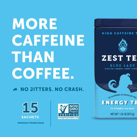 ZEST Blue Lady Passion Fruit tea box on kitchen counter for daily ritual.