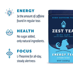 Steaming cup of ZEST Blue Lady Passion Fruit tea for focus and clarity.