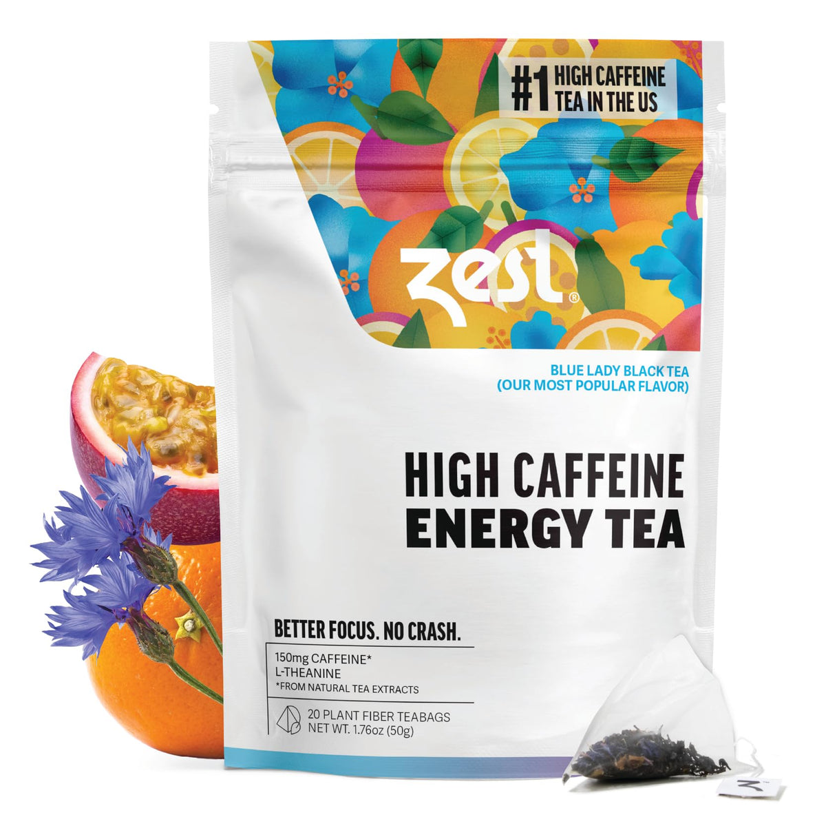 Zest Blue Lady tea bags in packaging for quick energy and flavor.