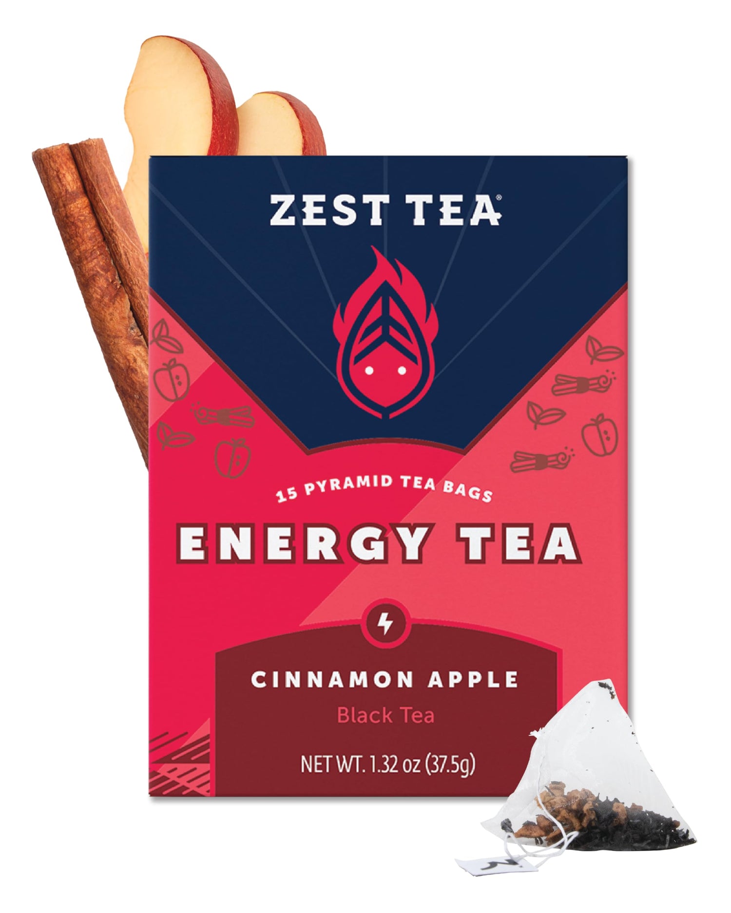 ZEST Cinnamon Apple Spice Energy Tea box with bold branding and caffeine boost.
