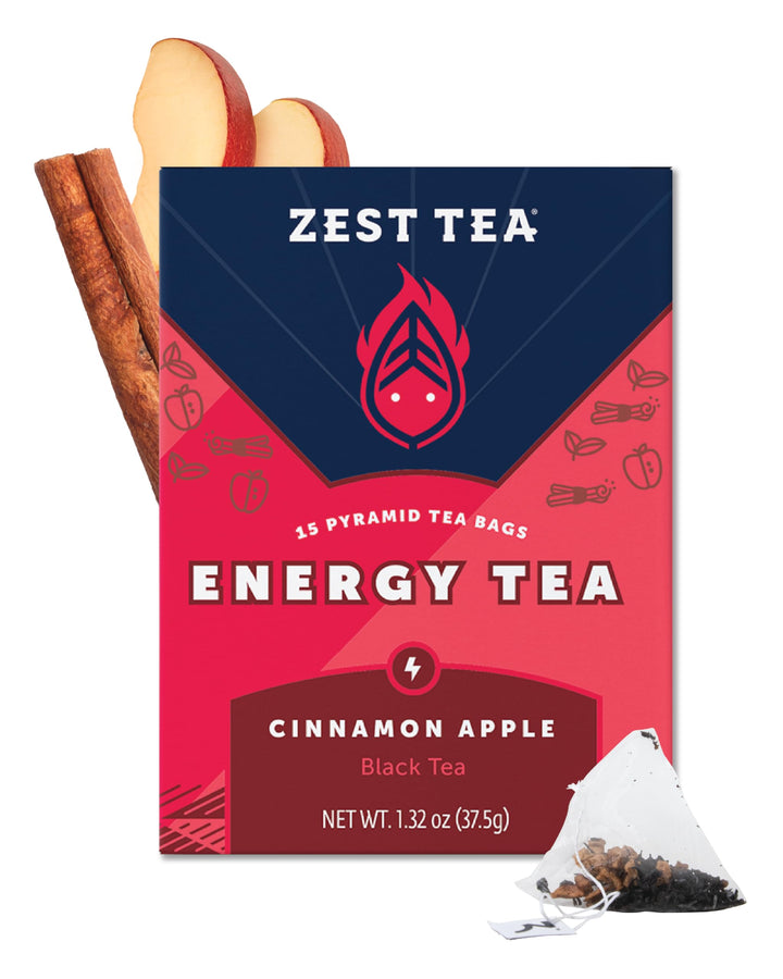 ZEST Cinnamon Apple Spice Energy Tea box with bold branding and caffeine boost.