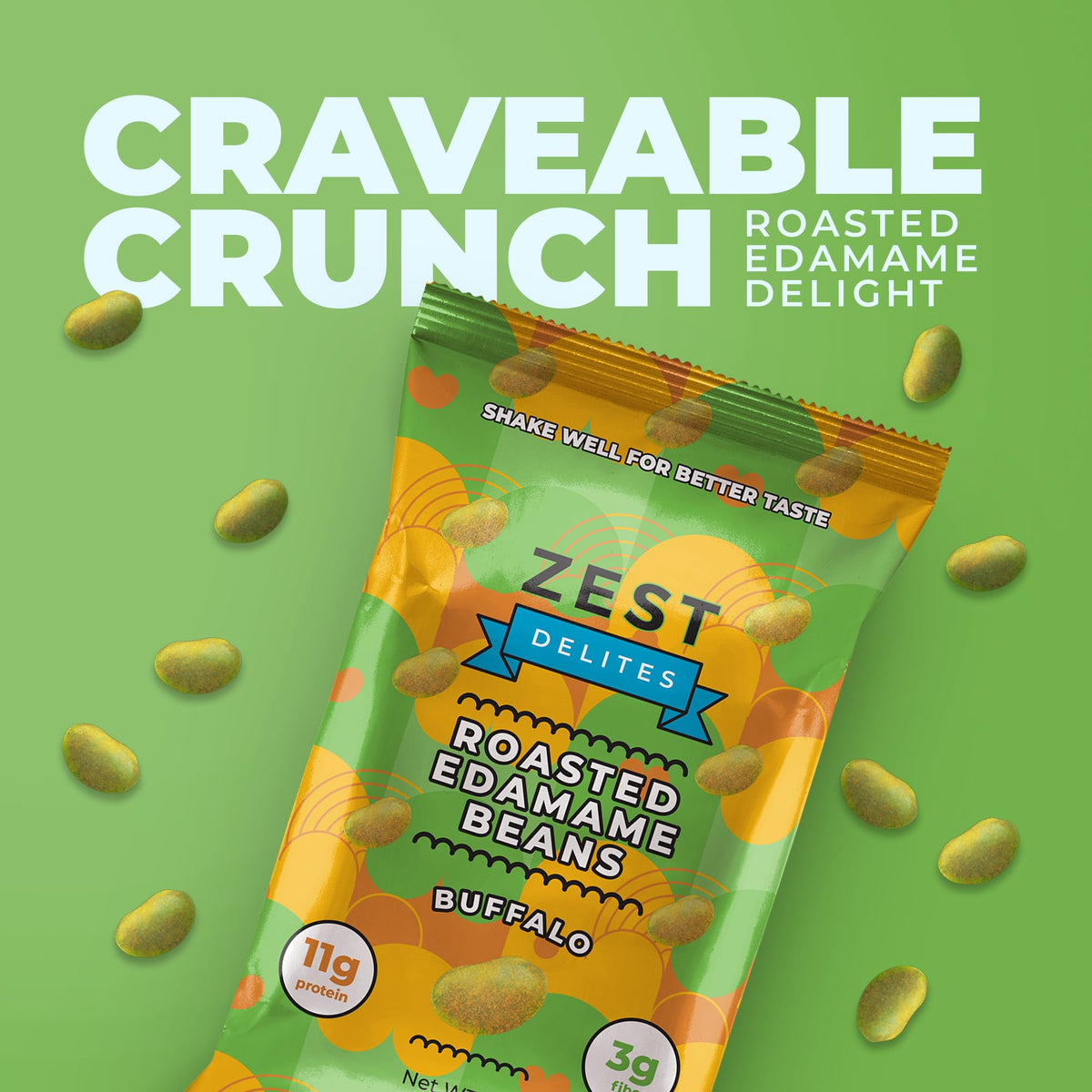 ZEST Delites crunchy edamame close-up highlights roasted texture