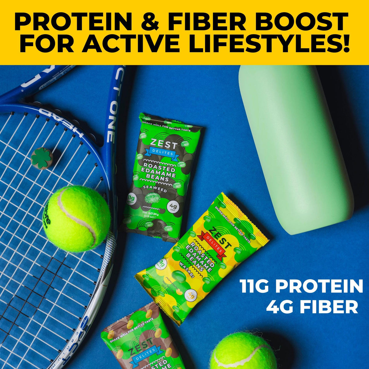 ZEST Delites Edamame Snack Buffalo 48-pack packaging, tasty high-protein option for workouts.