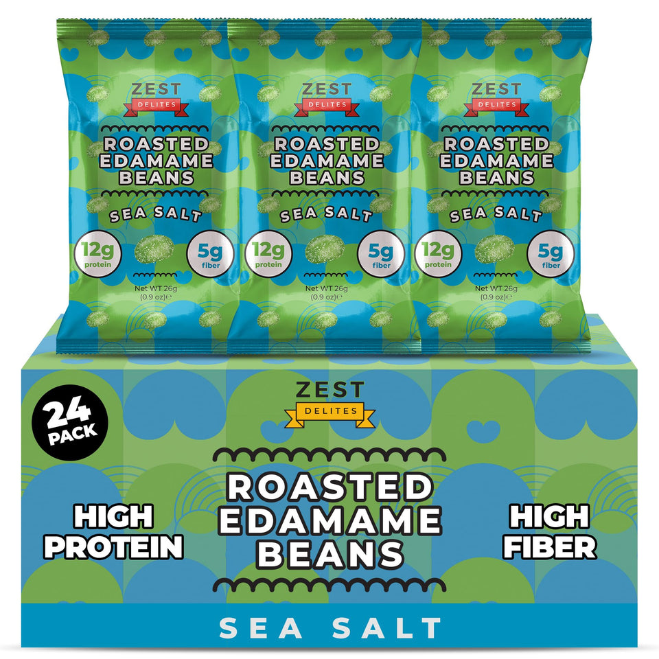 Zest Delites Edamame Snack crunchy roasted sea salt pack closeup showing protein packed snack