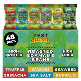 ZEST Delites Edamame Sea Salt 48-pack front view, convenient high-protein snack.