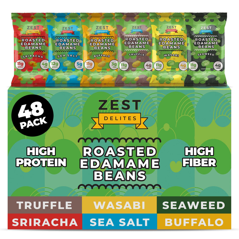 ZEST Delites Edamame Sea Salt 48-pack front view, convenient high-protein snack.