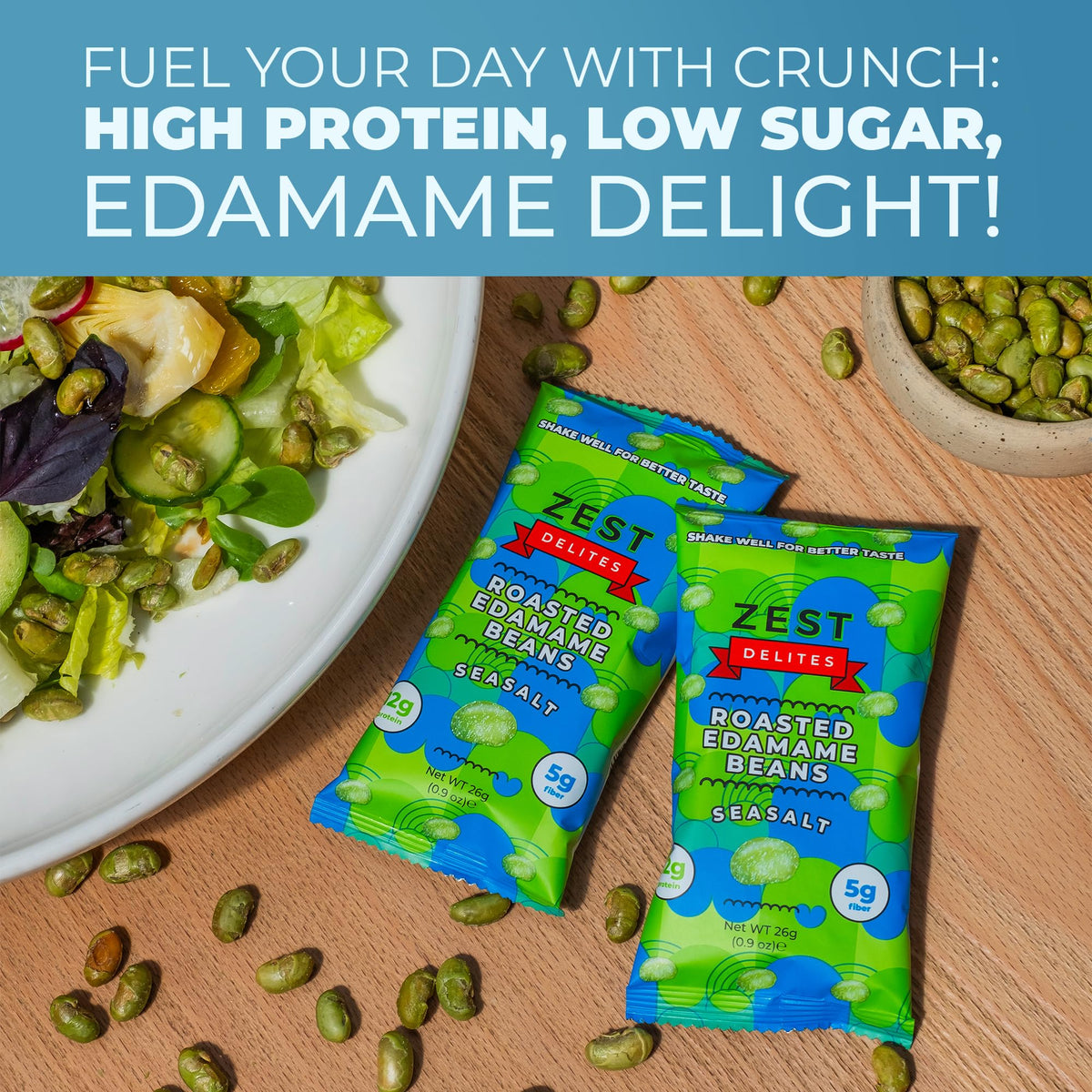 ZEST Delites Edamame Snack Seaweed 48-pack display, savory high-protein bite.