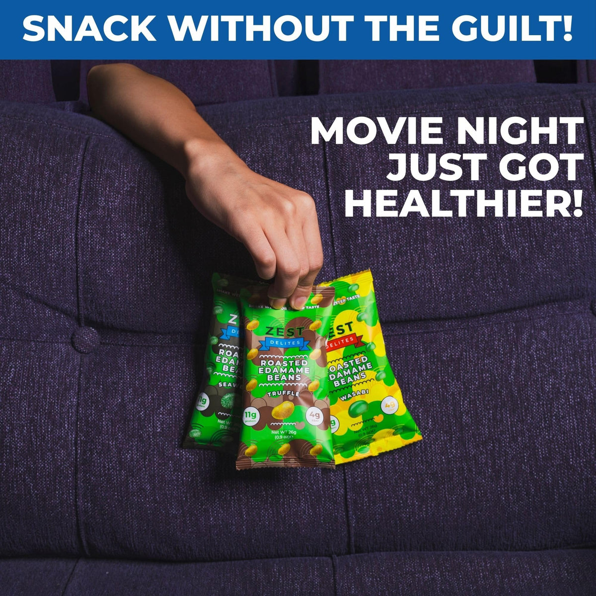ZEST Delites Edamame Snack Wasabi 48-pack, zesty high-protein crunch for snacking.