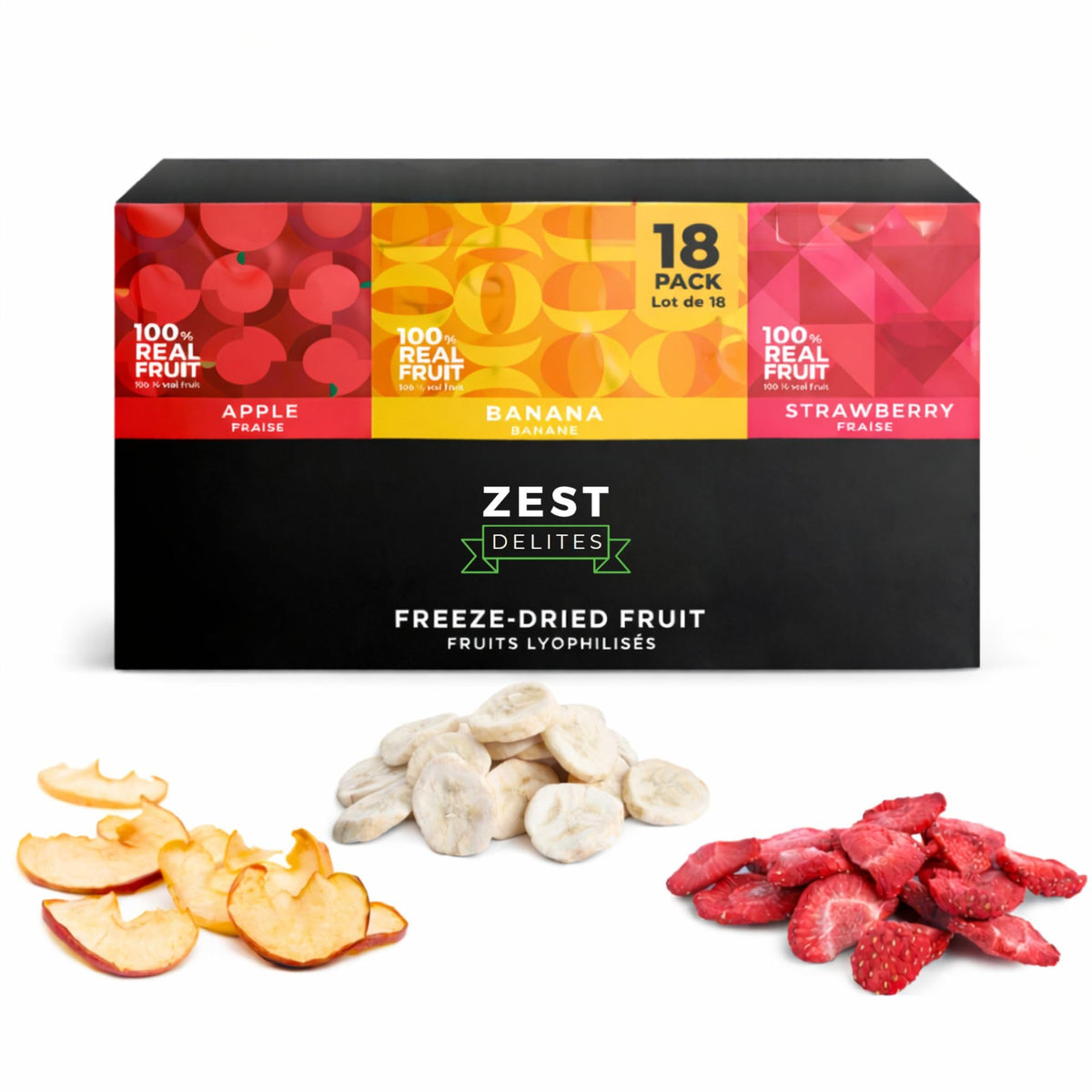 ZEST Delites freeze-dried apple chips: crisp texture and convenient on-the-go snacking.