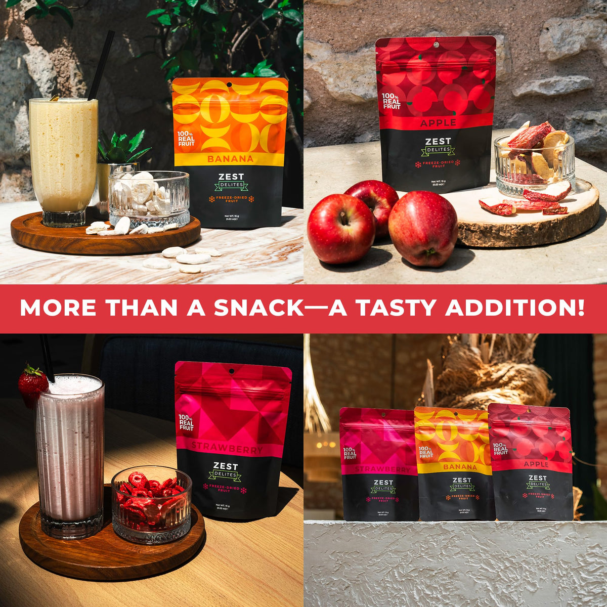 ZEST Delites fruit crisps close-up reveals airy crunch and bright fruit bits.