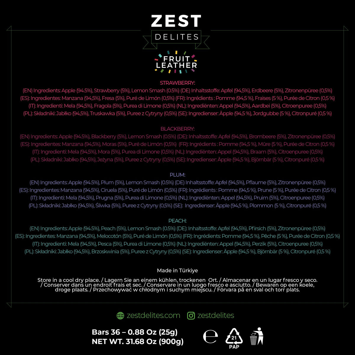ZEST Delites fruit leather packaging showing product and portability