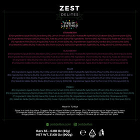 ZEST Delites fruit leather packaging showing product and portability
