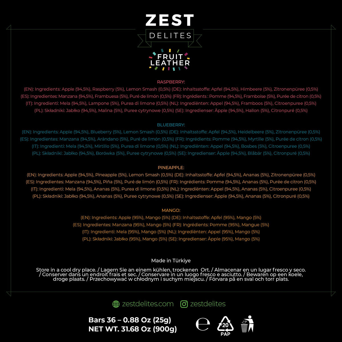 ZEST Delites mango-blueberry bar, bold fruit flavors in a chewy strip.