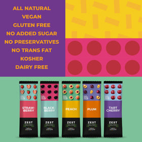 ZEST Delites mixed-flavors fruit leather strip with vivid fruit colors.