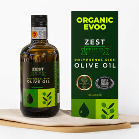 ZEST Delites Polyphenol Olive Oil bottle showcasing antioxidant-rich formula for vibrant dishes