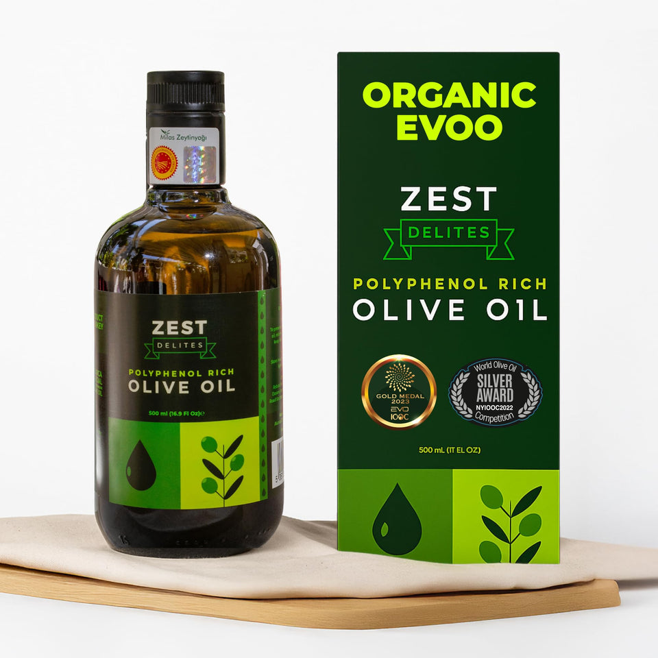 ZEST Delites Polyphenol Olive Oil bottle showcasing antioxidant-rich formula for vibrant dishes