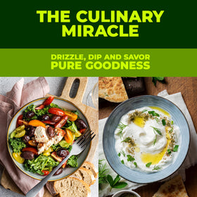 Drizzling olive oil over salad and dips for gourmet finishing