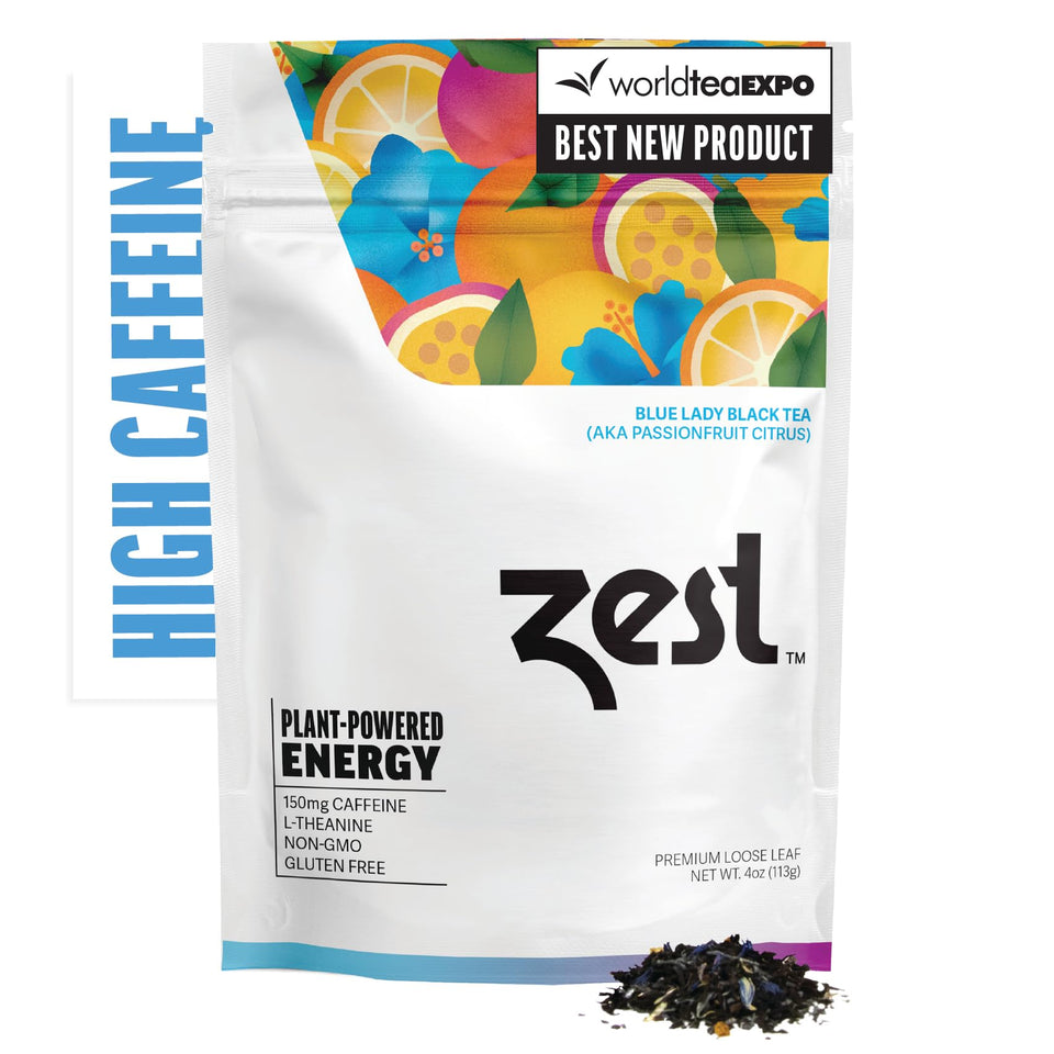 ZEST Energy Black Tea Blue Lady loose leaf view highlighting premium caffeine source for focused study