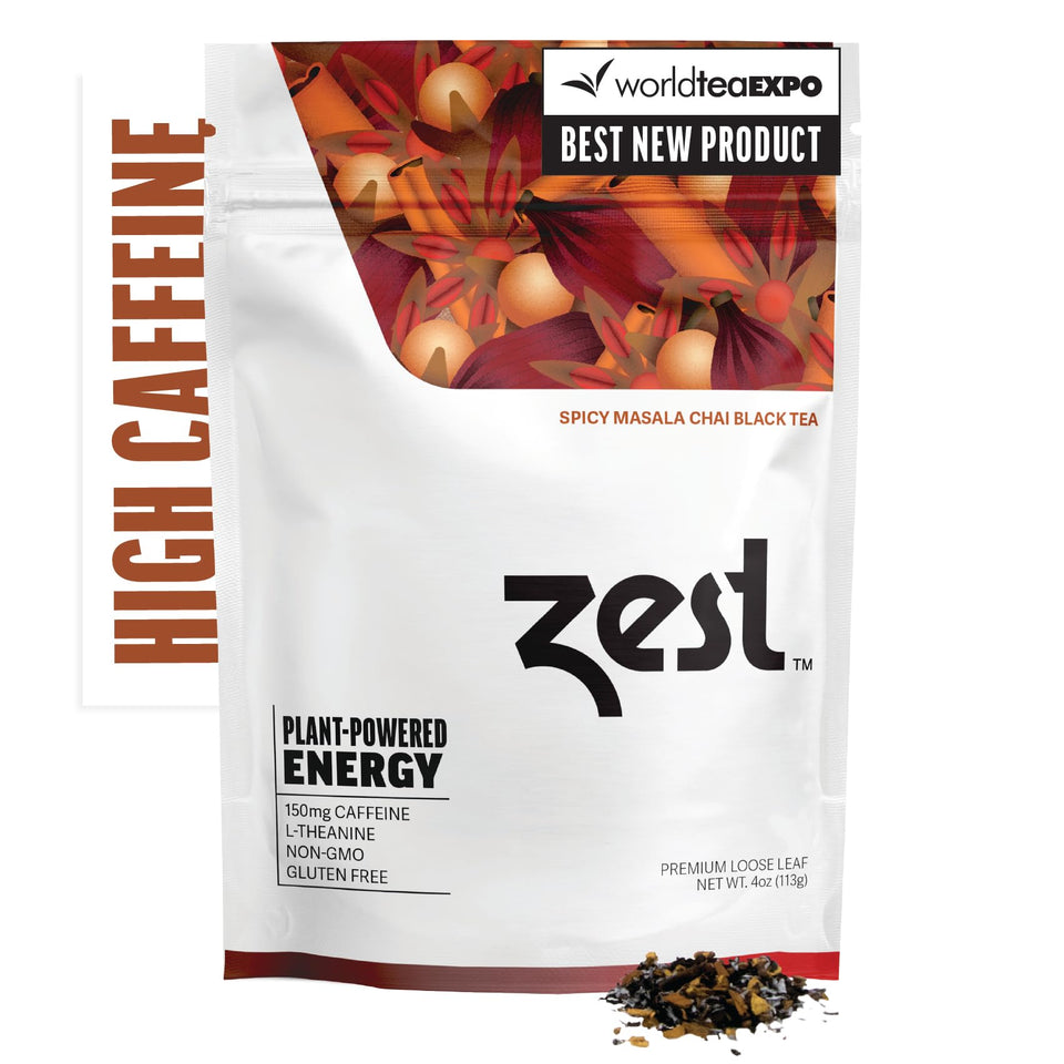 ZEST Energy Black Tea loose leaves with spice blend for a bold morning boost.