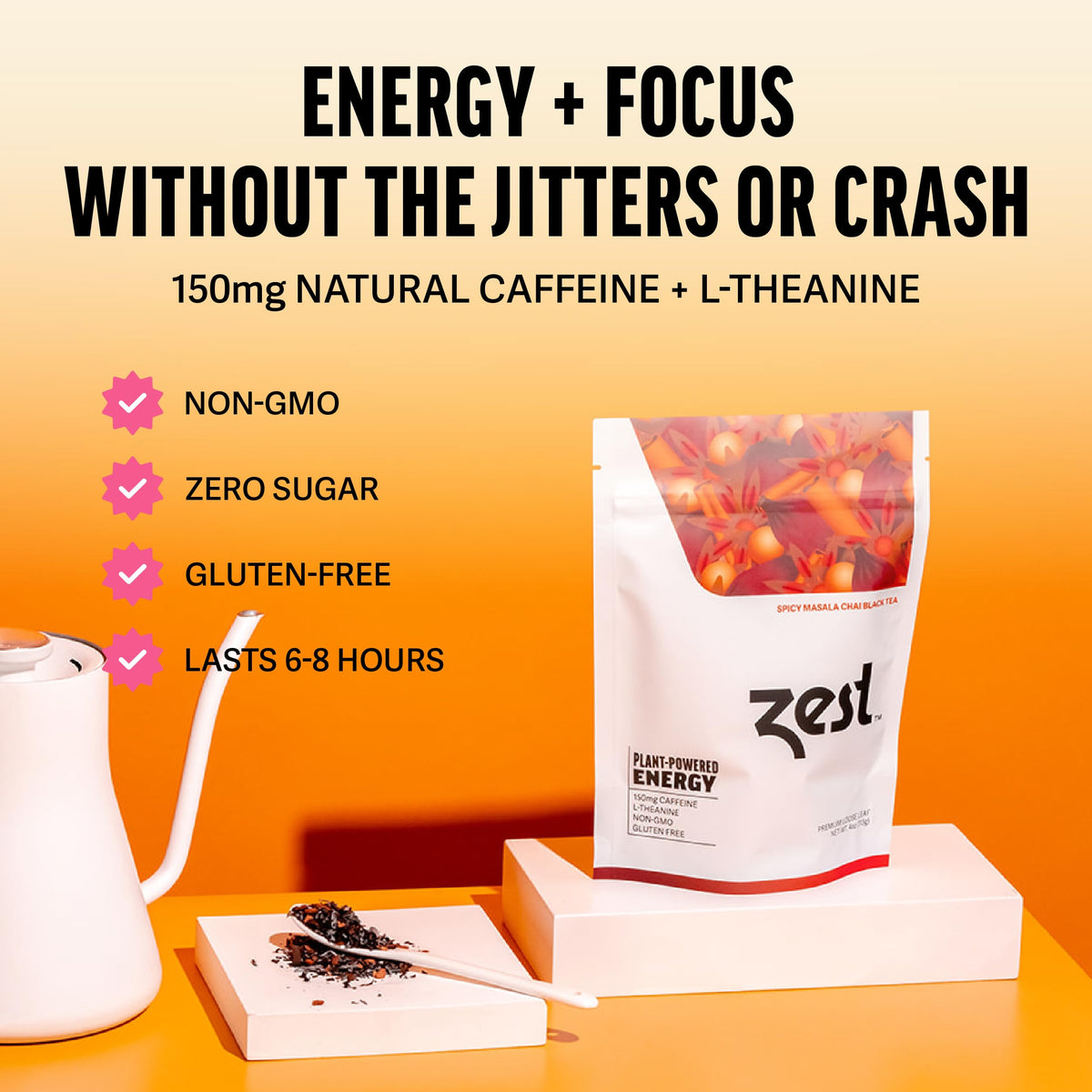 ZEST Energy Black Tea spice-pour brew showing aromatic masala flavors for energized focus.