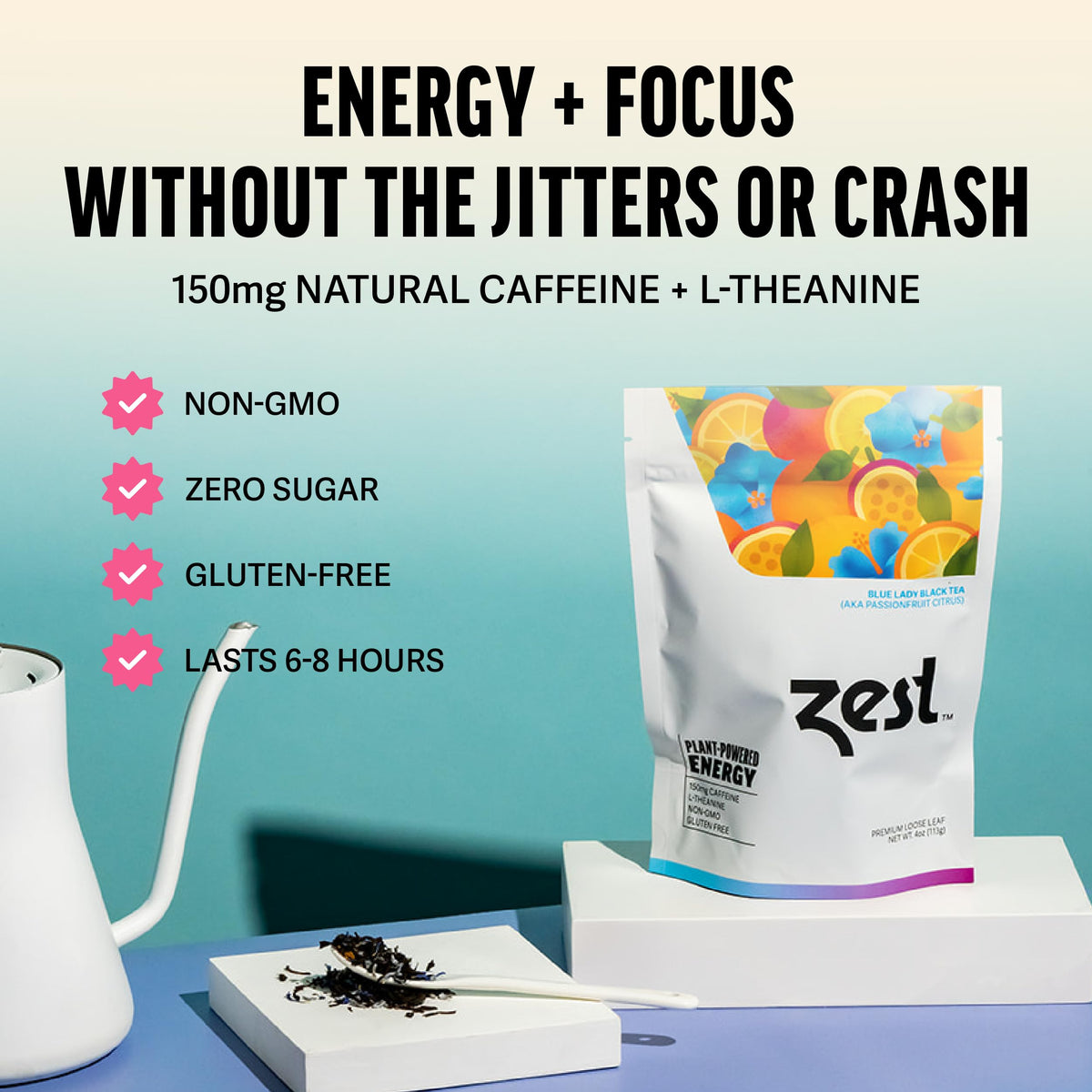 ZEST Energy Blue Lady packaging highlights sustainable, non-GMO ingredients and planet friendly design
