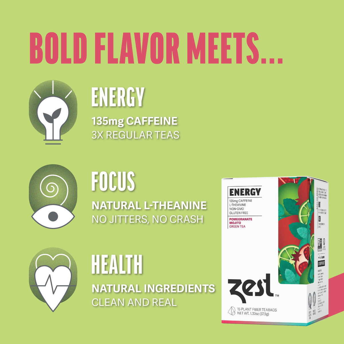 ZEST Energy Green Tea packaging box and compostable bags emphasize sustainability.