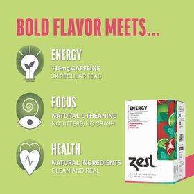 ZEST Energy Green Tea packaging box and compostable bags emphasize sustainability.