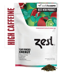 Zest Energy Green Tea Pomegranate Mojito loose-leaf close-up showing clean caffeine boost
