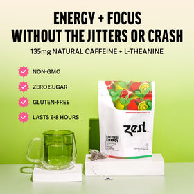 ZEST green tea pyramid bags closeup for fresh, clean energy.