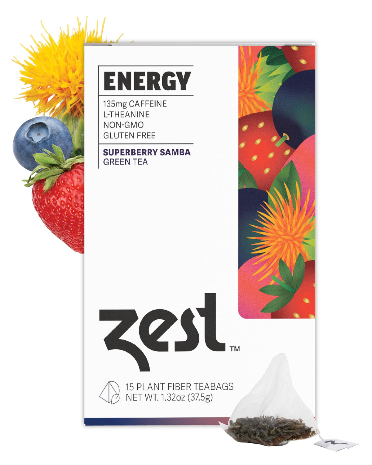 ZEST Superberry Samba energy green tea box with 15 pyramid bags for caffeine boost