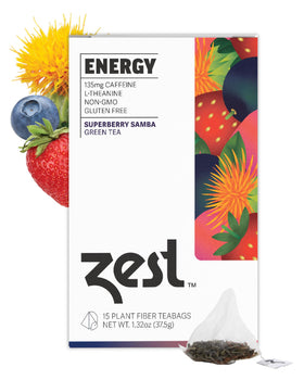 ZEST Superberry Samba energy green tea box with 15 pyramid bags for caffeine boost