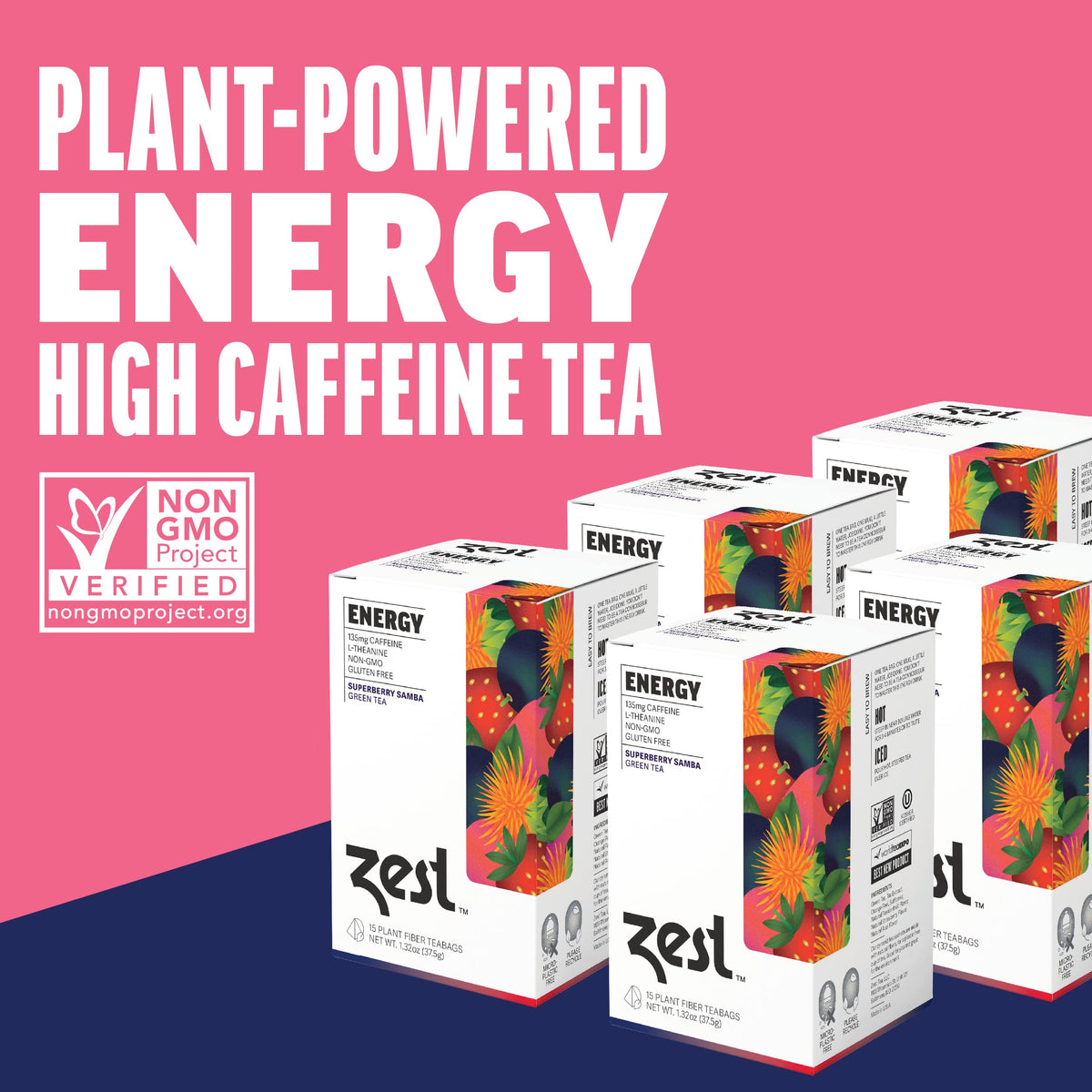 Steaming cup of ZEST Superberry Samba energy green tea for focus
