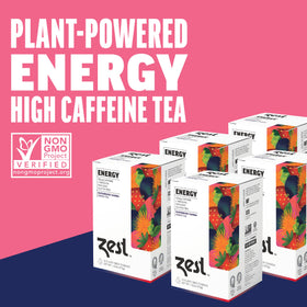 Steaming cup of ZEST Superberry Samba energy green tea for focus