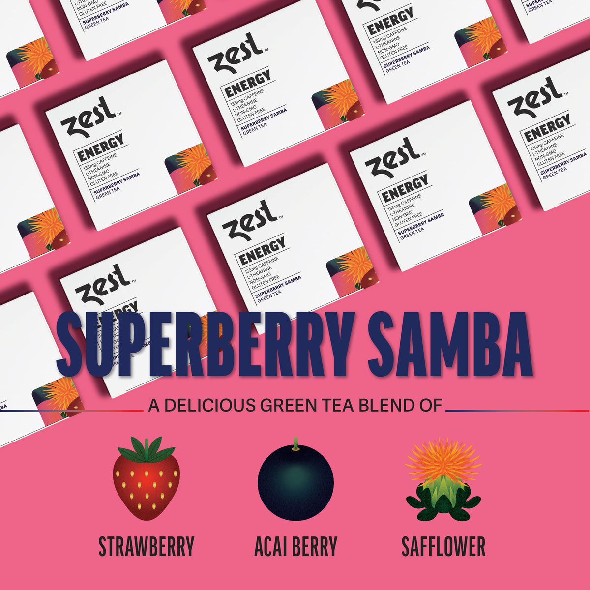 Close-up of strawberry, acai and passion fruit in ZEST blend