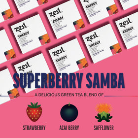 Close-up of strawberry, acai and passion fruit in ZEST blend