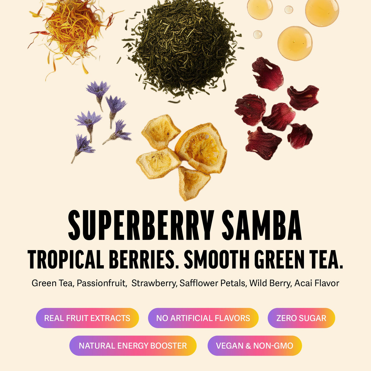 Close-up of real strawberry, acai, and passion fruit in ZEST tea.