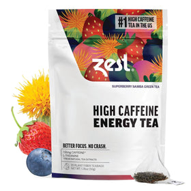 ZEST Energy Green Tea Superberry Samba packaging highlights bold flavor and steady energy.