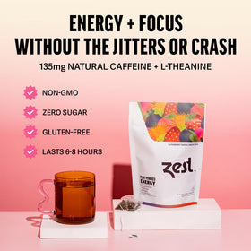 ZEST Energy Green Tea Superberry Samba tea bag ready to steep for a smooth caffeine boost.