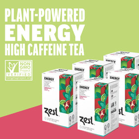 ZEST Energy Green Tea pyramid bag closeup highlights premium non-GMO ingredients and clean caffeine.