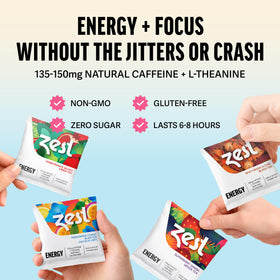 ZEST Energy Tea Assortment Box opened top view showing pyramid tea bags.